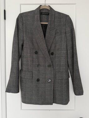 Zara Woman Grey Plaid Double Breasted Blazer